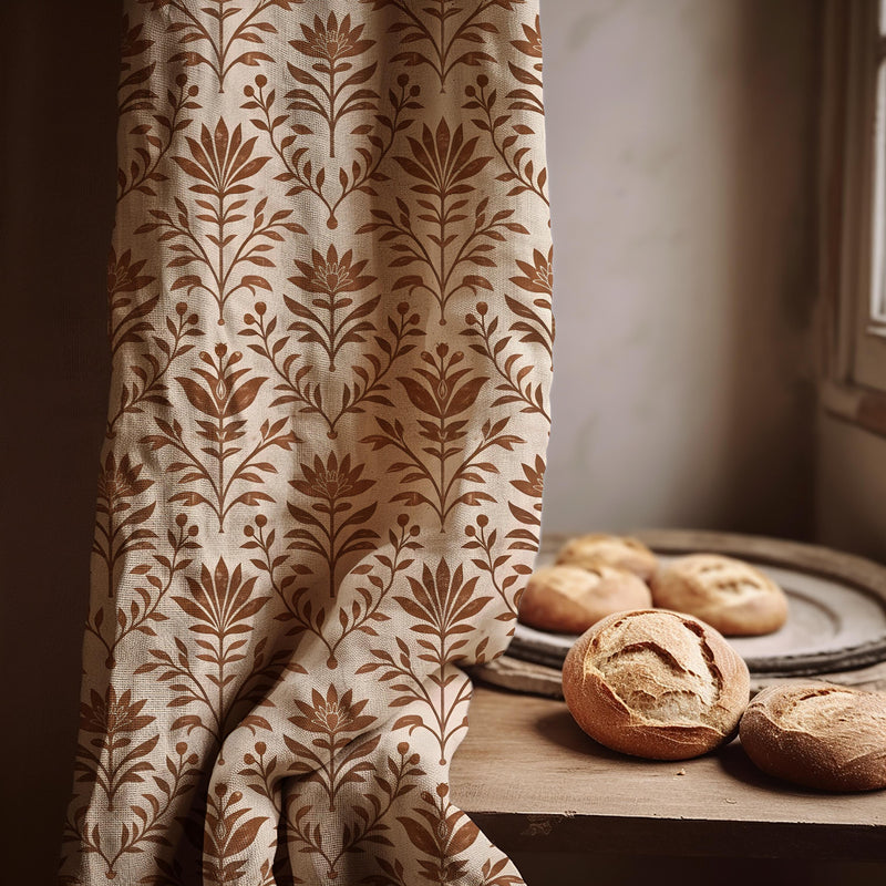 Floral Linen Curtain Panel - Brown Botanical Print, Custom Drapery