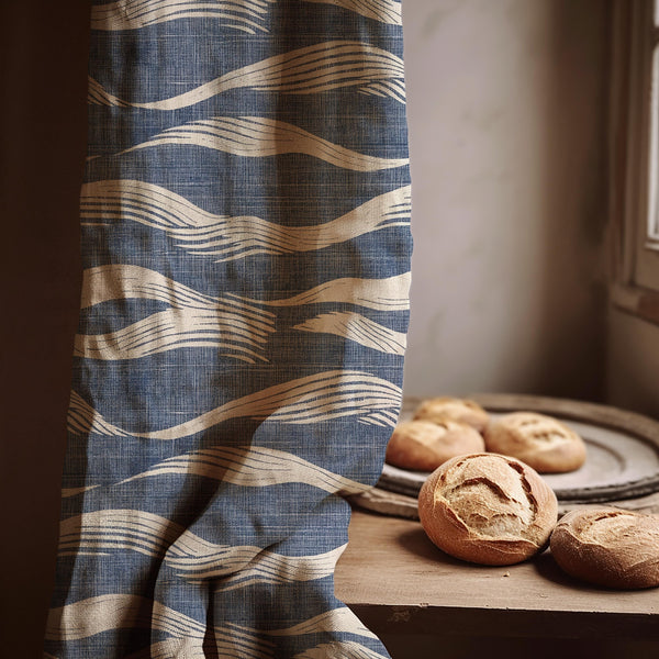 Linen Curtain Coastal Indigo Wave Pattern Drapes for Living Room Bedroom