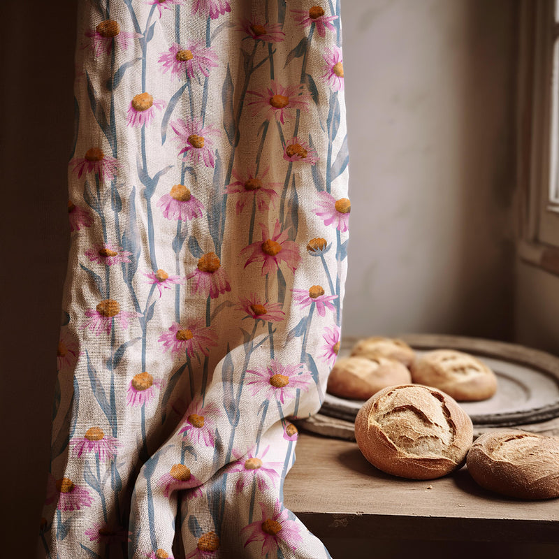 Pink Daisy Linen Curtain Panel | Watercolor Wildflower Print, Custom Size