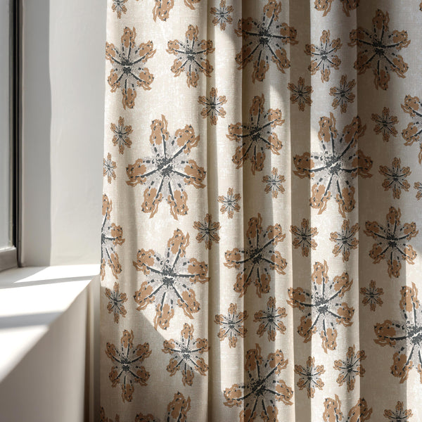 Retro Starburst Linen Curtain: Caramel Brown & Charcoal Atomic Print