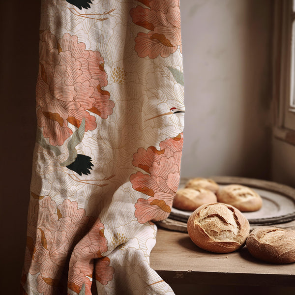 Japanese Crane Linen Curtain: Peach Peony Floral Drapes