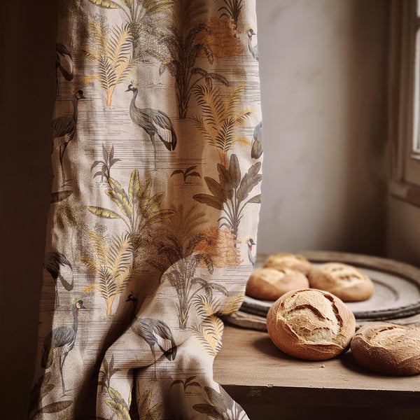 Linen Curtain Panel: Crane Bird Toile, Chinoiserie Print