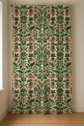 Linen Curtain Panel Green Botanical Floral Drapes William Morris Style Pink Flower Window Treatment - Image 6