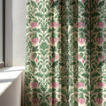 Linen Curtain Panel Green Botanical Floral Drapes William Morris Style Pink Flower Window Treatment - Image 3