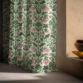 Linen Curtain Panel Green Botanical Floral Drapes William Morris Style Pink Flower Window Treatment - Image 4