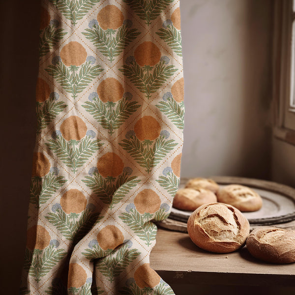 Retro Botanical Linen Curtain – Sage Fern and Terracotta Medallion Panel
