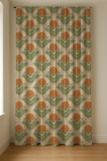 Retro Botanical Linen Curtain – Sage Fern and Terracotta Medallion Panel - Image 4
