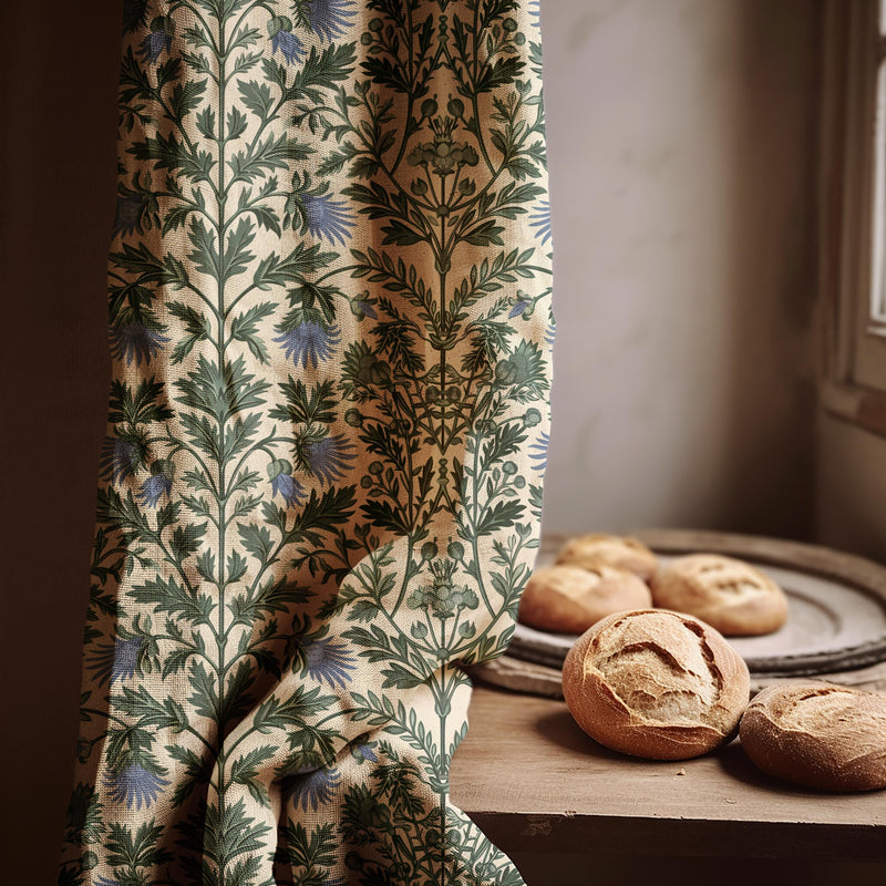 William Morris Style Linen Curtain Panel - Green & Blue Floral Print