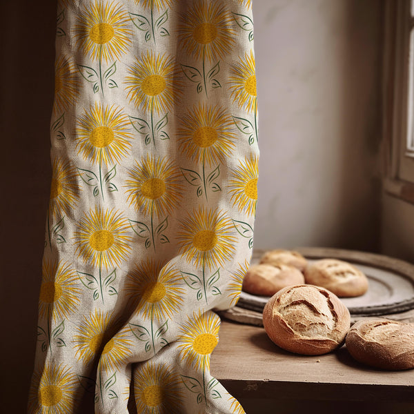 Sunflower Linen Curtain Panel - Yellow Floral Print, Custom Size