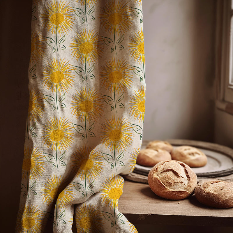Sunflower Linen Curtain Panel - Yellow Floral Print, Custom Size