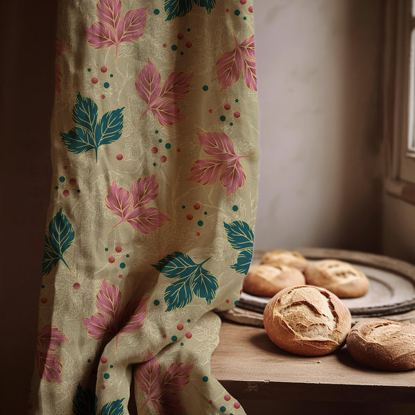Linen Curtain Panel: Pink & Teal Leaf Print, Custom Size