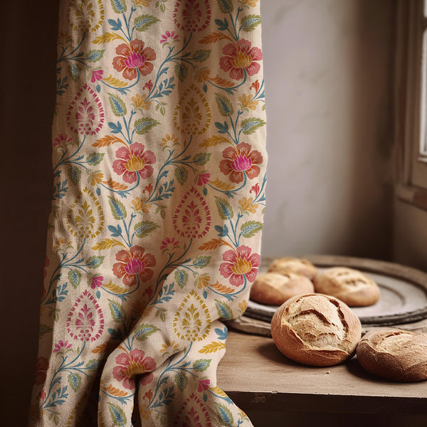 Floral Linen Curtain Panel: Colorful Paisley Vine, Boho Cottage Style