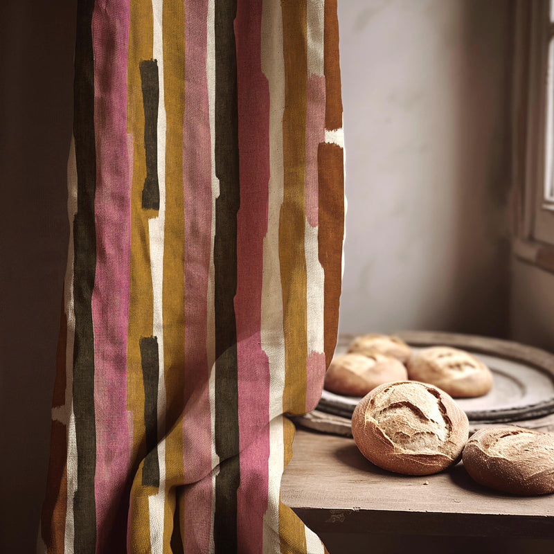 Abstract Stripe Linen Curtain Panel - Boho Watercolor Print