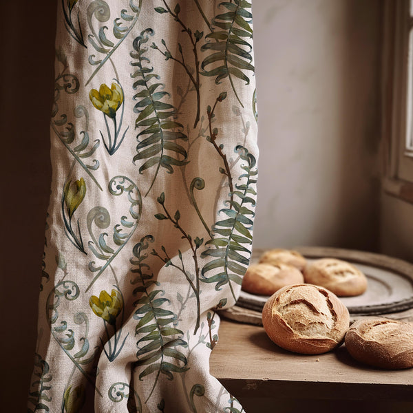 Botanical Linen Curtain: Watercolor Fern & Flower Print, Custom Size