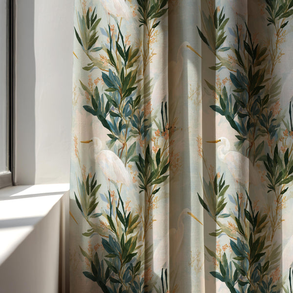 Heron Botanical Linen Curtain: Watercolor Bird Print, Neutral Nature Drapery