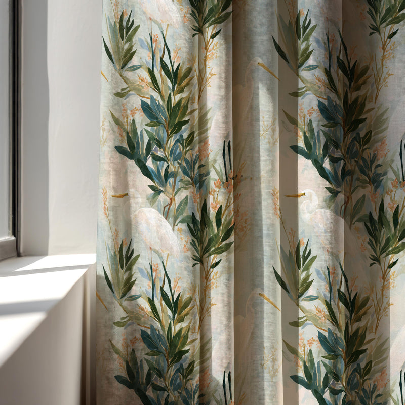 Heron Botanical Linen Curtain: Watercolor Bird Print, Neutral Nature Drapery