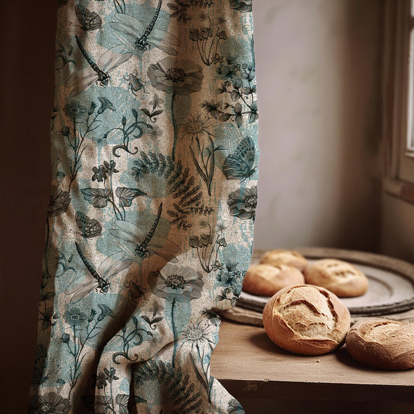 Dragonfly Linen Curtain Panel - Teal Floral Insect Print