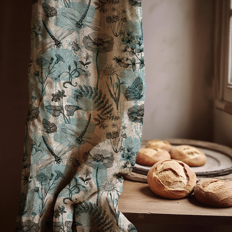 Dragonfly Linen Curtain Panel - Teal Floral Insect Print