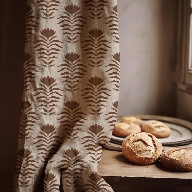 Botanical Linen Curtain Panel: Brown Floral Print, Custom Size