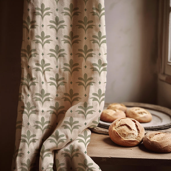 Sage Green Linen Curtain Panel - Geometric Botanical Print, Custom Size