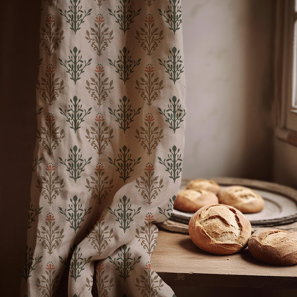 Botanical Floral Linen Curtain Panel, Earthy Toned Boho Drape, Cottagecore Style