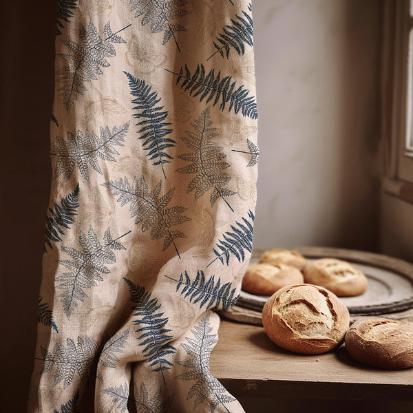 Fern Leaf Linen Curtain Panel, Blue Botanical Boho Drape, Butterfly Nature Print