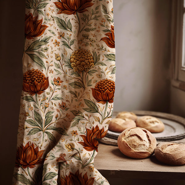 Floral Linen Curtain Panel – Mustard Botanical William Morris Style