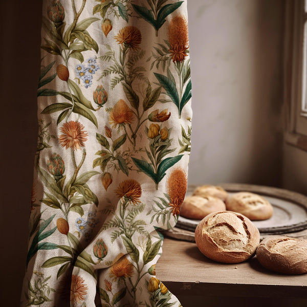 Vintage Botanical Linen Curtain Panel, Earthy Floral Boho Drape, Protea Nature Print