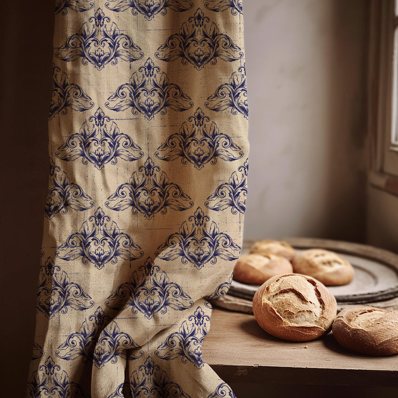 Baroque Damask Linen Curtain Panel, Navy Blue Watercolor Boho Drape, Ornate Scroll Print