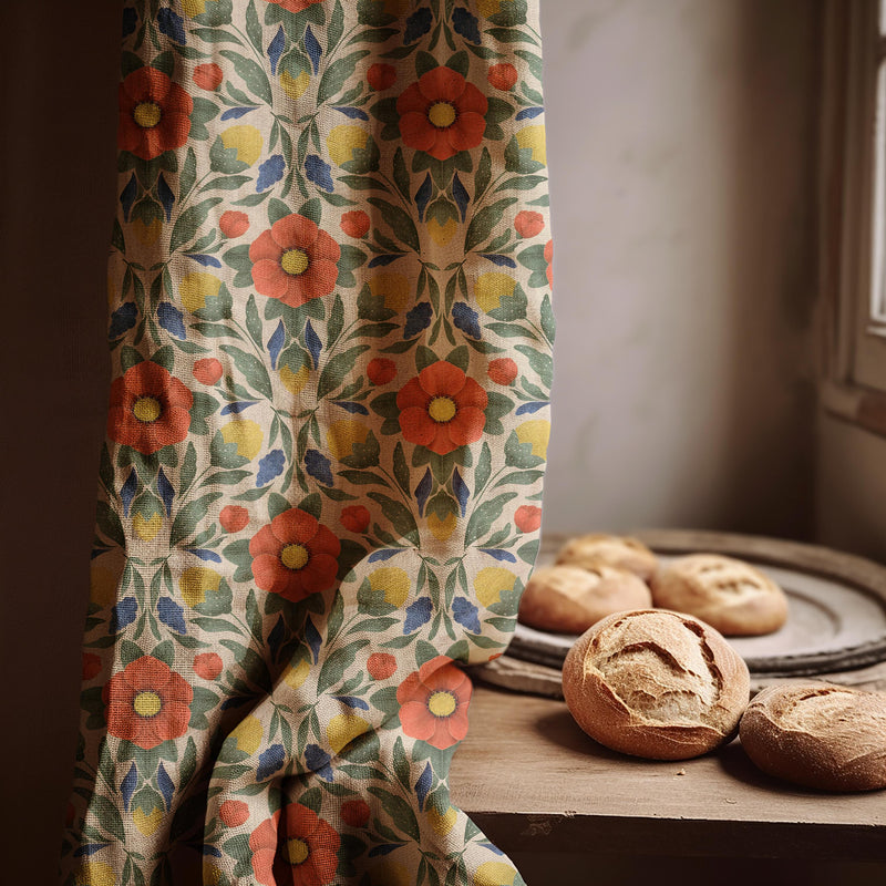 Floral Linen Curtain Panel: Red Orange Botanical Print, Custom Size