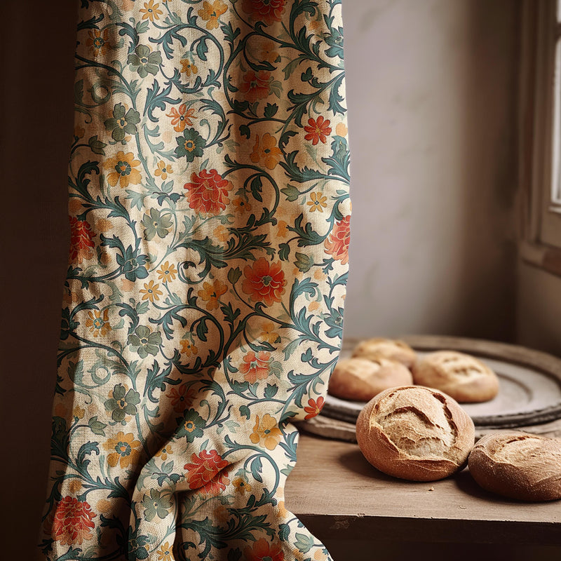Floral Linen Curtain Panel: Teal Vine, Botanical Art Nouveau