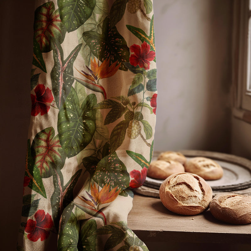 Tropical Linen Curtain Panel: Green Leaf & Hibiscus Print, Custom Size