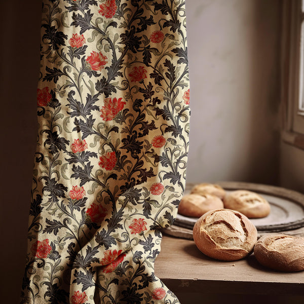 William Morris Style Linen Curtain: Black, Red Floral Vine, Custom Drapery