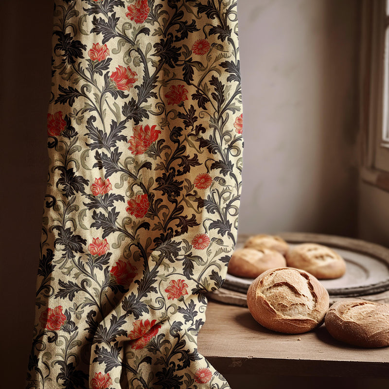 William Morris Style Linen Curtain: Black, Red Floral Vine, Custom Drapery
