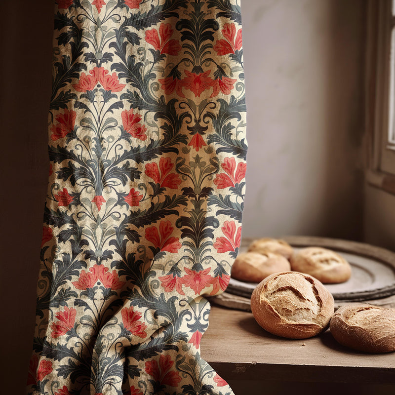 Red Floral Damask Linen Curtain Panel - Custom Baroque Drapes