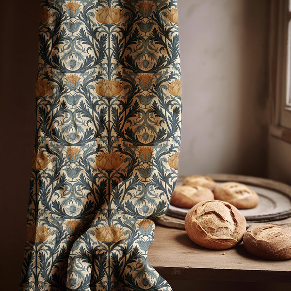 Art Nouveau Linen Curtain Panel: Teal & Gold Botanical Print