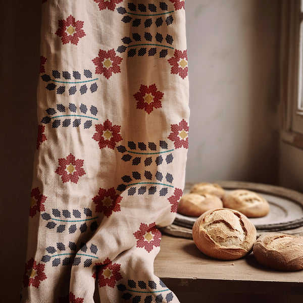 Floral Embroidered Look Linen Curtain Panel - Custom Size, Cottage Style