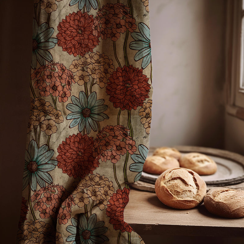 Retro Daisy Linen Curtain Panel, Boho Floral Drape, Vintage Dahlia Garden Print