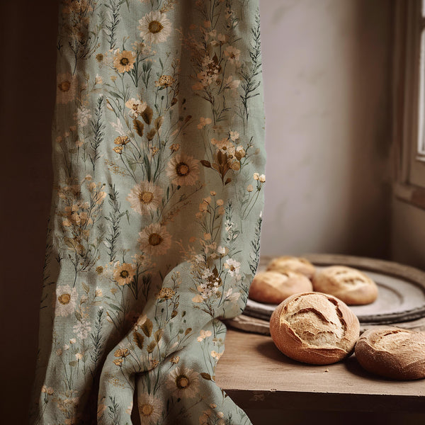Wildflower Daisy Linen Curtain Panel, Sage Green Boho Drape, Dried Flower Meadow Print