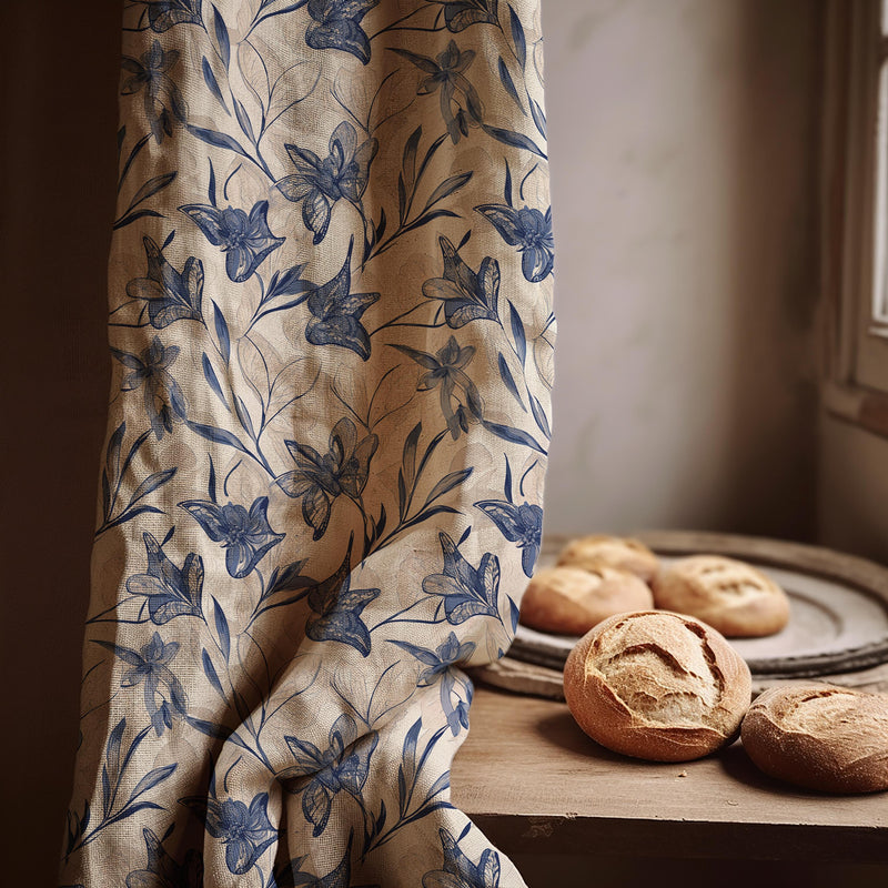 Blue Floral Toile Linen Curtain Panel - Custom Size Drapes