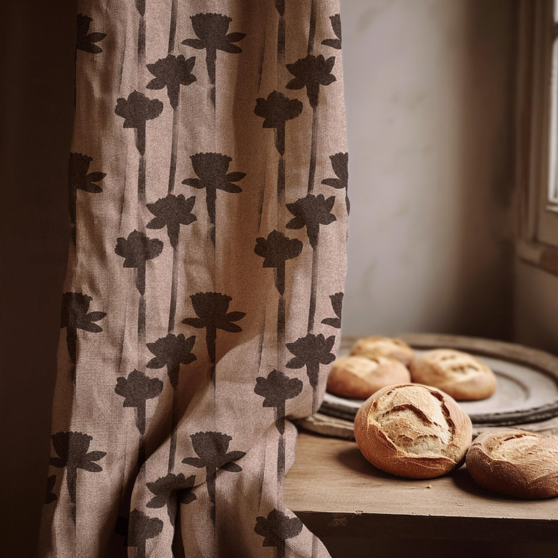 Floral Linen Curtain Panel: Taupe Botanical Print, Custom Size