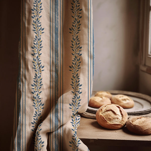Linen Curtain Panel Blue Stripe Olive Branch Print Neutral Farmhouse Coastal Window Treatment