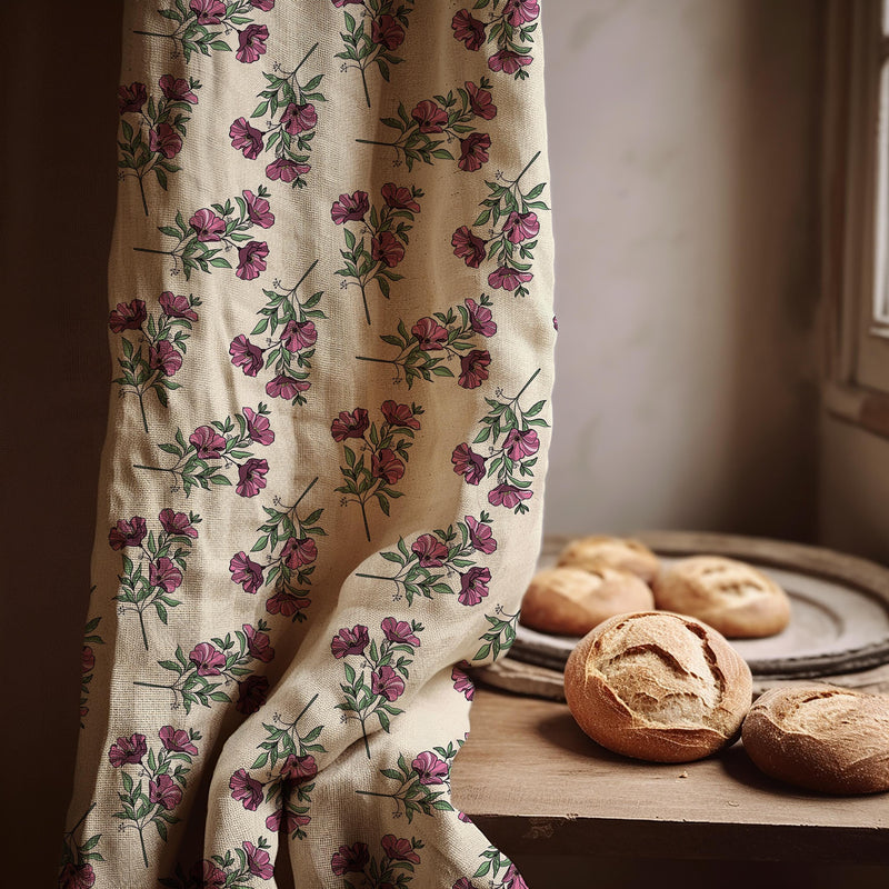 Pink Floral Linen Curtain Panel - Vintage Cottage Style