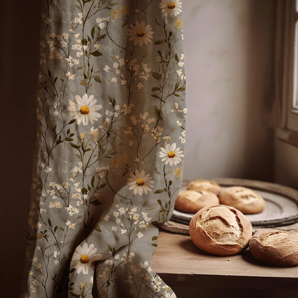 Daisy Blossom Linen Curtain Panel, Moody Gray Boho Drape, Dark Floral Branch Print