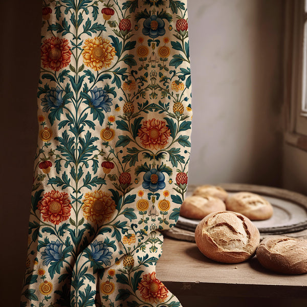 William Morris Linen Curtain Panel, Colorful Botanical Boho Drape, Folk Floral Vine Print