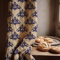 Damask Linen Curtain Panel, Navy Blue Baroque Boho Drape, Ornate Fleur de Lis Print - Image 1