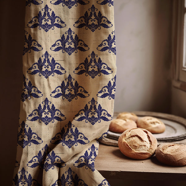Damask Linen Curtain Panel, Navy Blue Baroque Boho Drape, Ornate Fleur de Lis Print