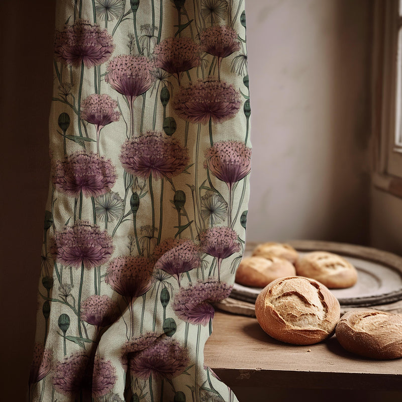 Allium Floral Linen Curtain Panel, Dusty Pink Botanical Boho Drape, Garden Flower Print