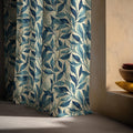 Botanical Leaf Linen Curtain Panel, Teal Navy Boho Drape, Watercolor Foliage Vine Print - Image 5