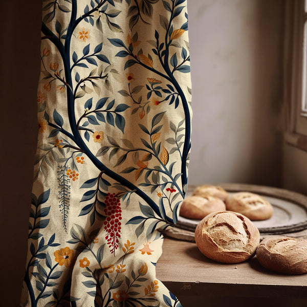 Tree Branch Linen Curtain Panel, Navy Red Botanical Boho Drape, Berry Blossom Forest Print